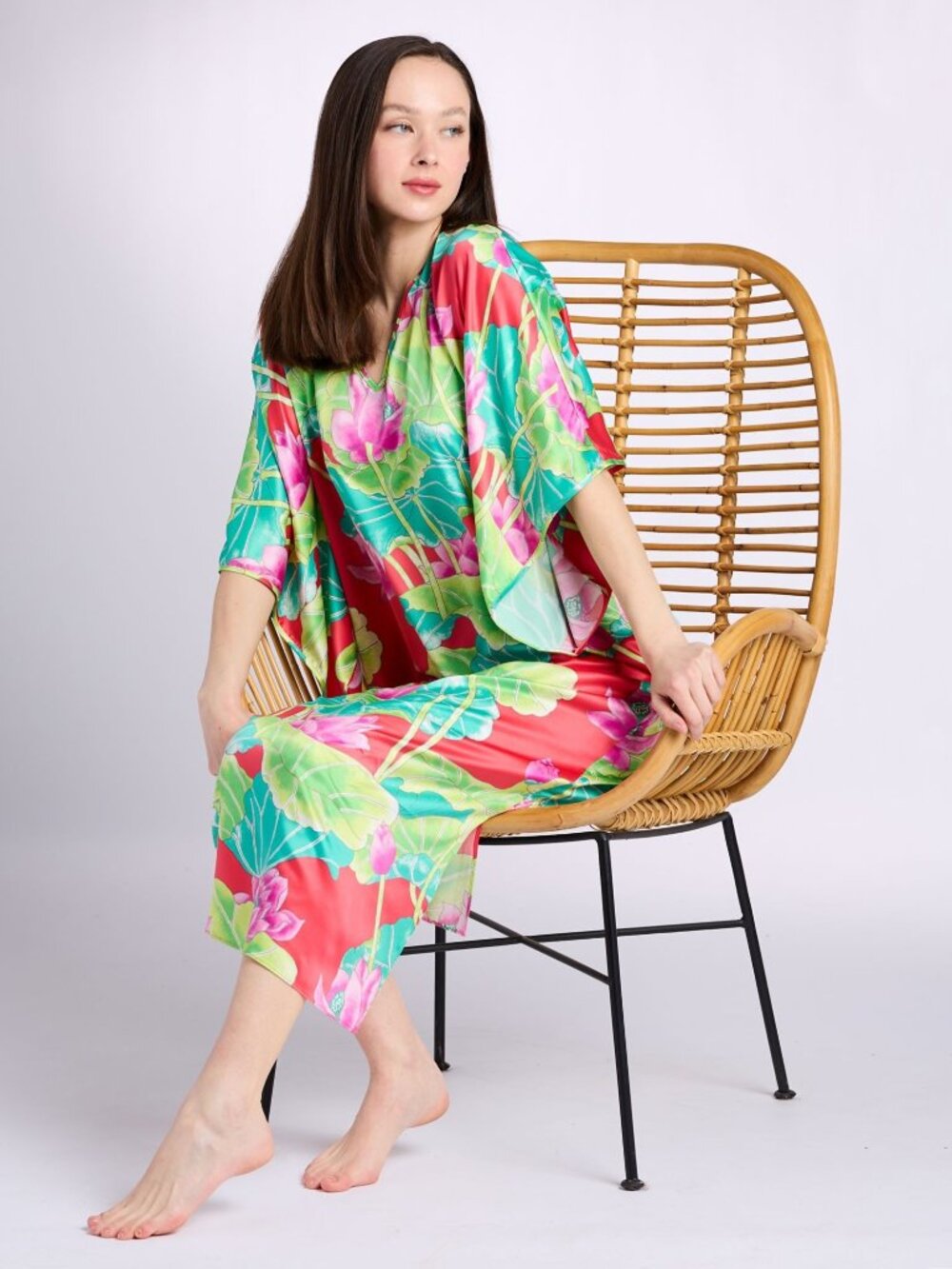 NATORI  Ascendant Lotus Printed Satin Caftan, Pink Multi  Women Size Large  NWT